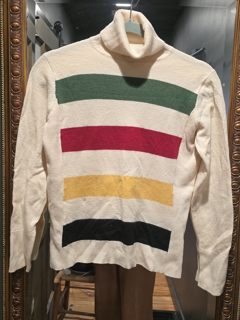Pendleton Cream Turtleneck Sweater with Green, Red, Yellow & Black Stripes